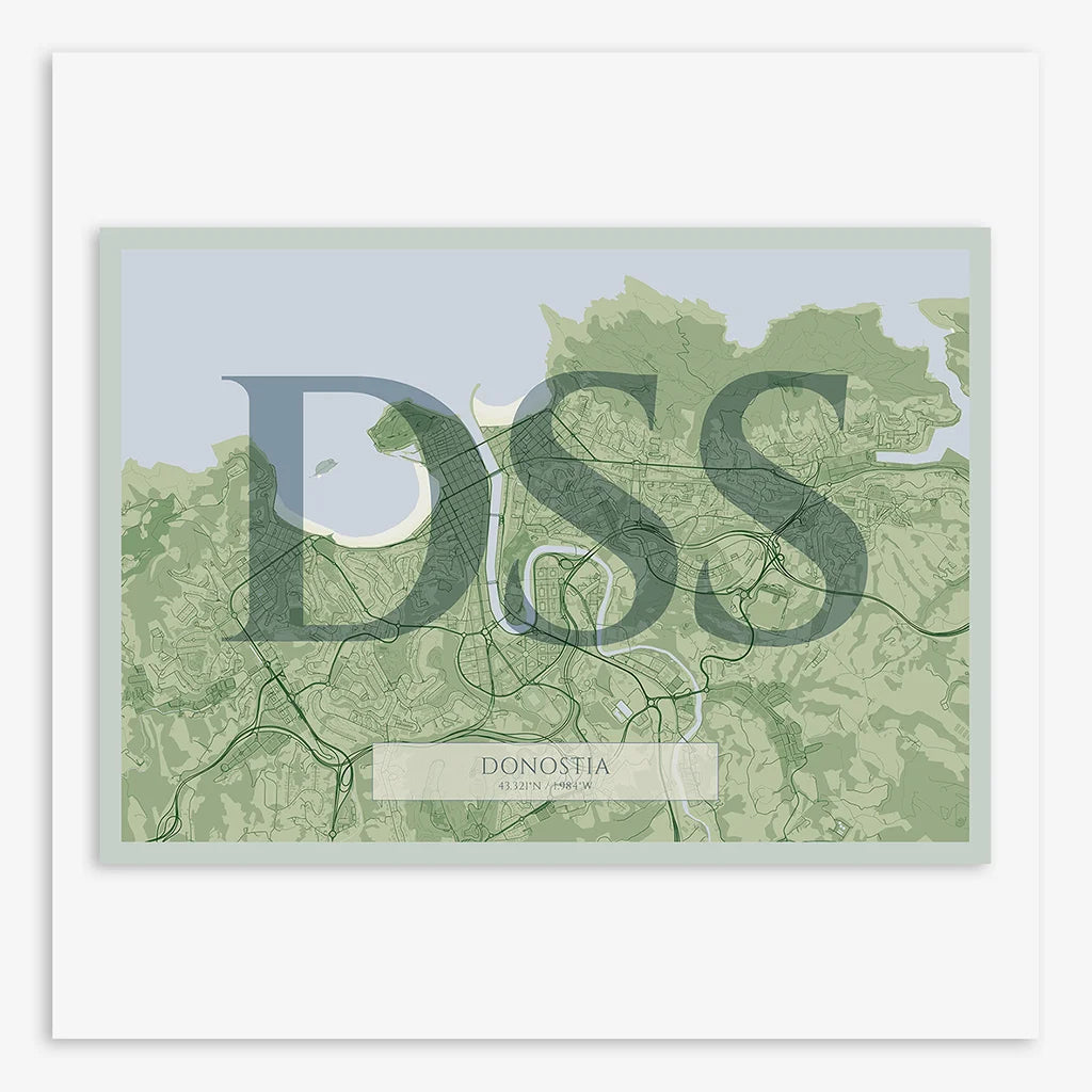 Mapa de Donostia en el diseño la Clásica, inspirado en la tipografía cincelada con una fuente elegante que crea un bonito contraste visual diseñado en dos tonos de verde
