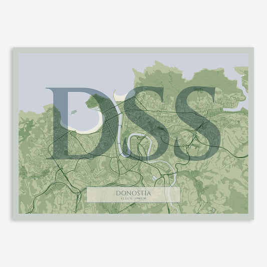The map of Donostia composed with letters in serif font printed on two green tones