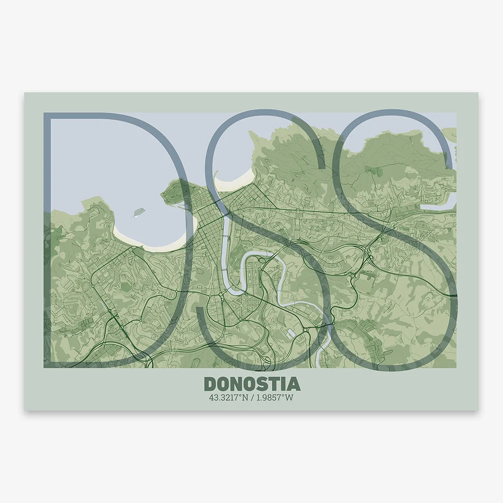 Mapa de Donostia en el diseño la Ultrafina, una estética minimalista que combina cartografía urbana con letras modernas, finas y elegantes diseñado en dos tonos de verde