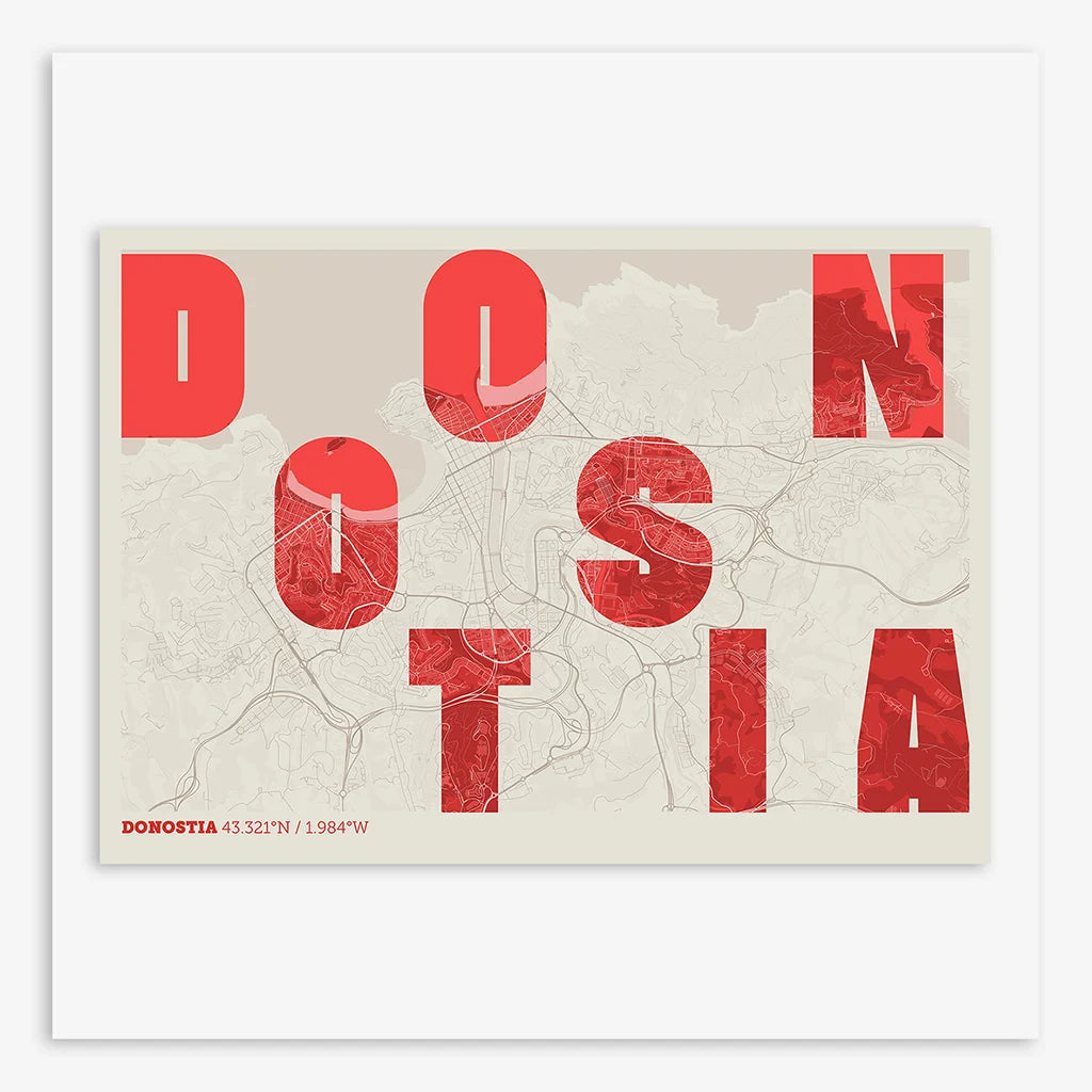 The map of Donostia in Unruled design, where the city name letters appear randomly across different lines for a truly original urban layout designed in red and an off-white background