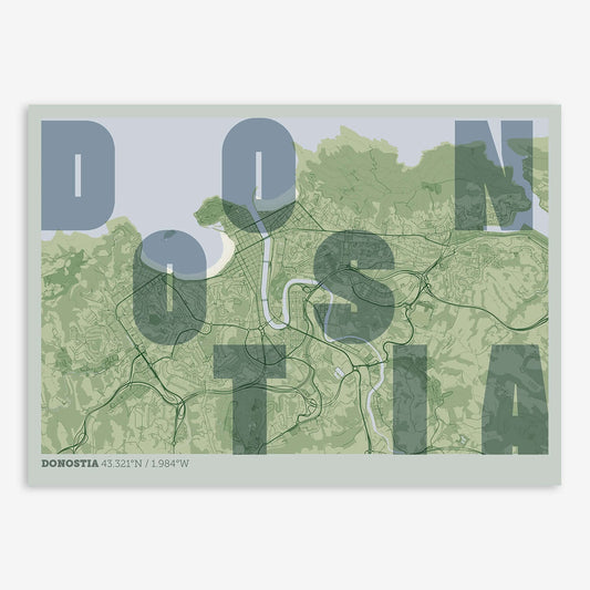 The map of Donostia with letters of its name placed randomly, designed in two green tones