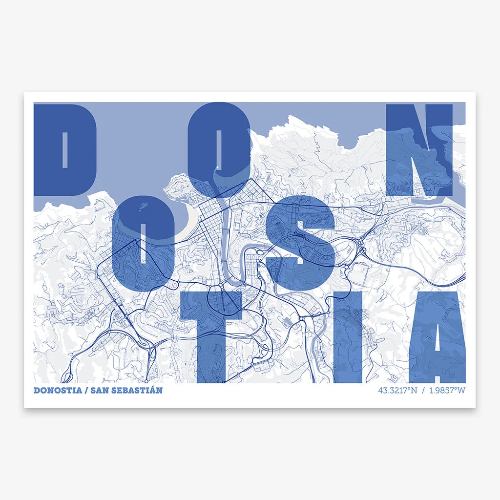 The map of Donostia with letters of its name placed randomly, designed in navy blue and white