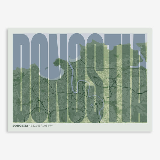 The map of Donostia and letters of its name in a giclée print designed in two green tones