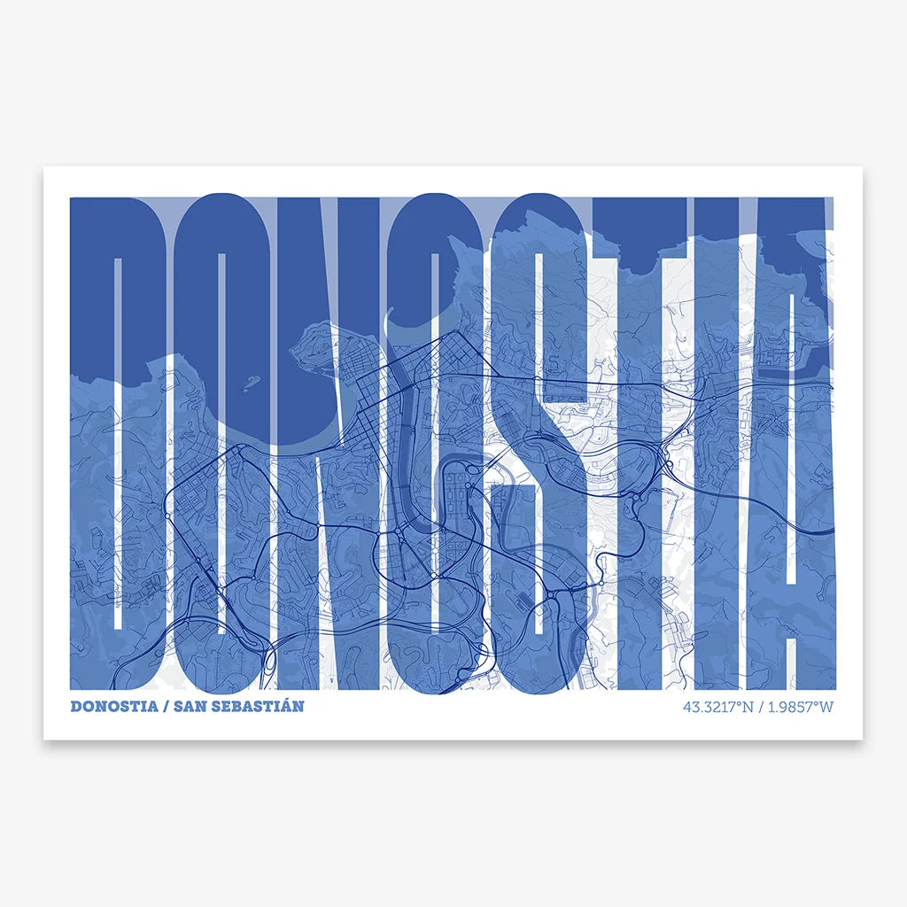 The map of Donostia and letters of its name in a giclée print designed in navy blue and white