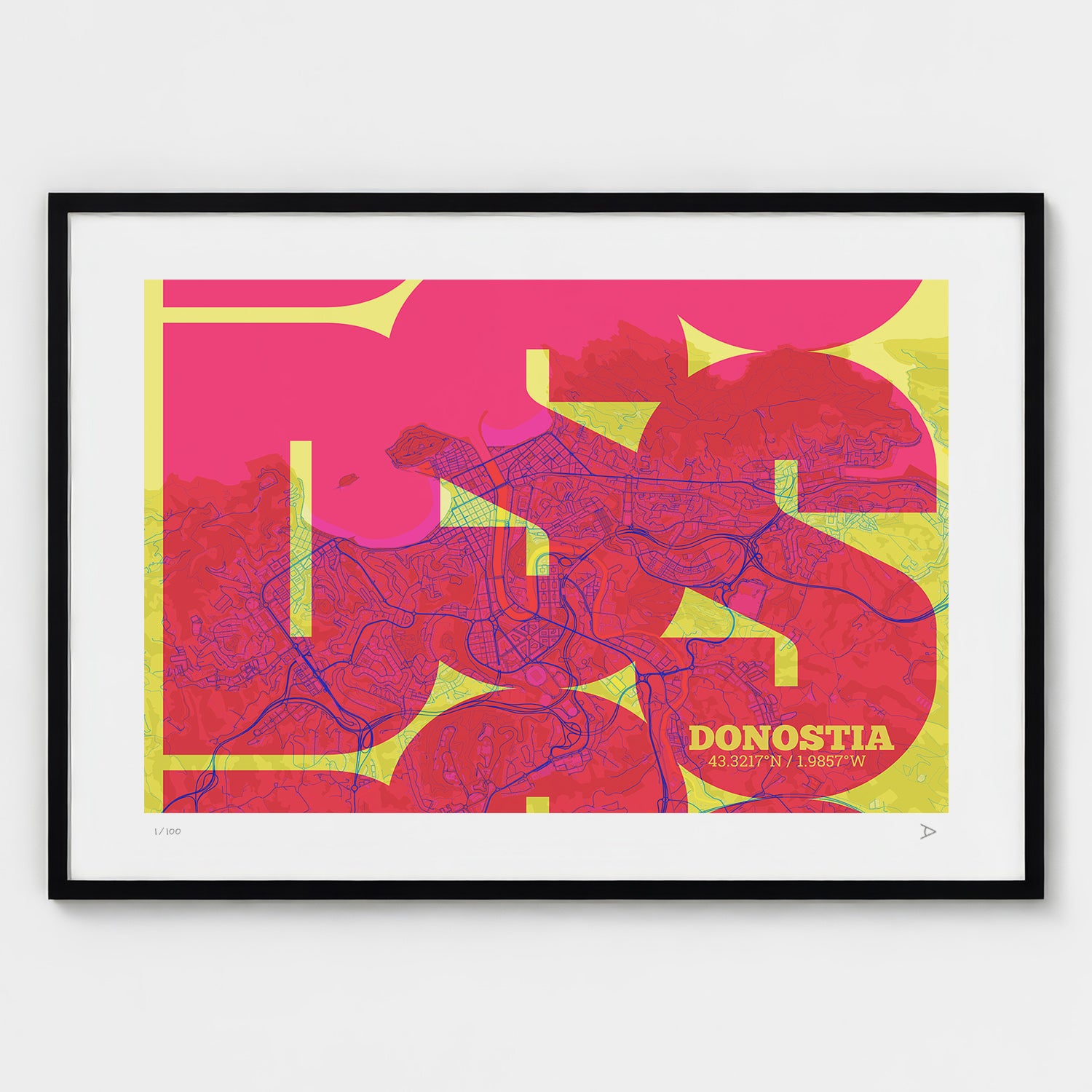 Lámina tipográfica de Donostia – diseño Inseparable, marco negro