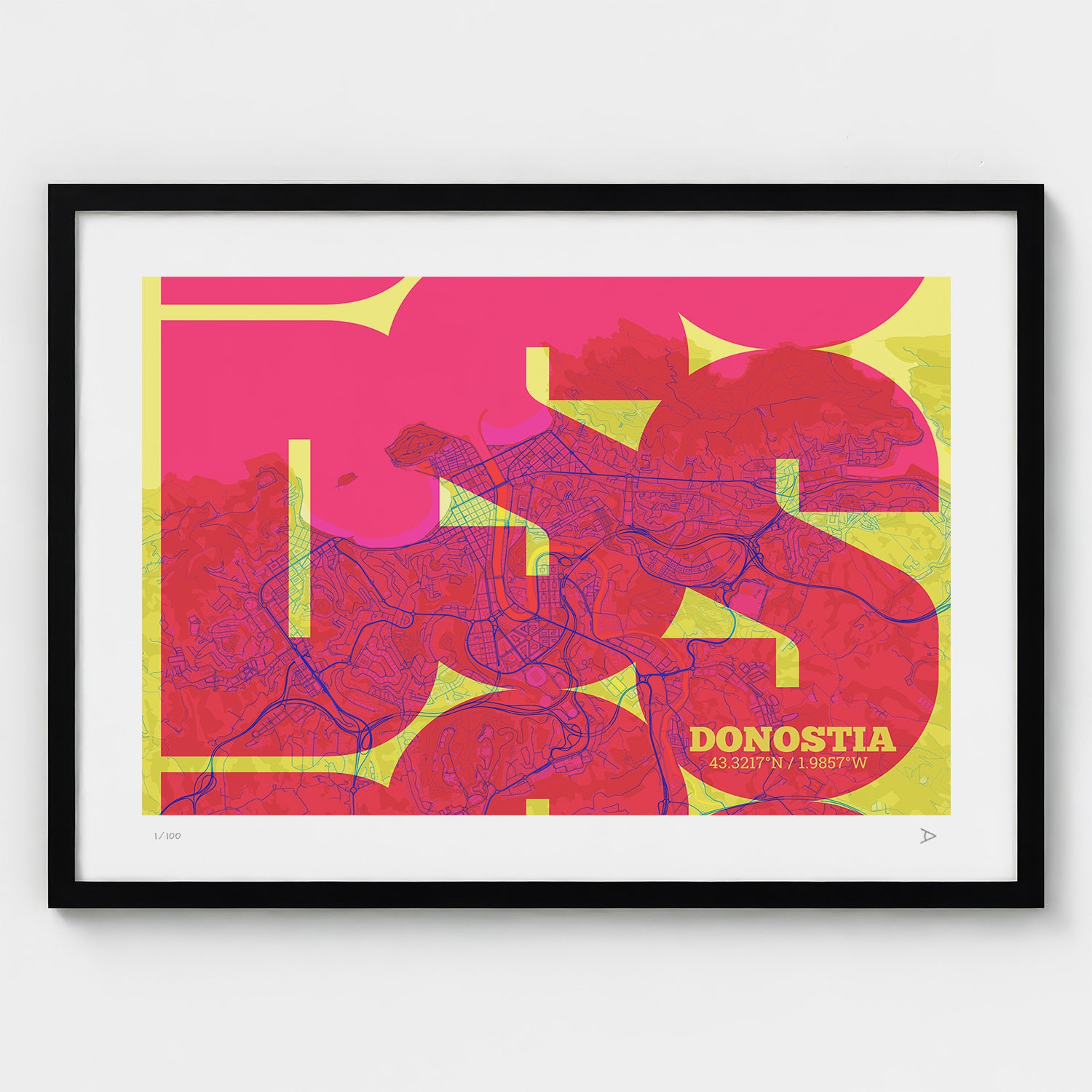 Lámina tipográfica de Donostia – diseño Inseparable, marco negro