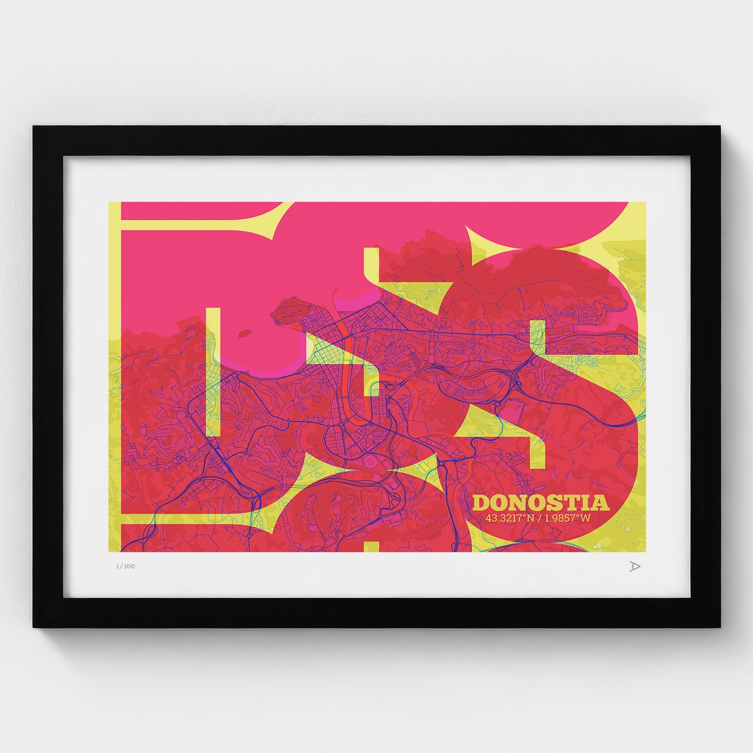 Lámina tipográfica de Donostia – diseño Inseparable, marco negro