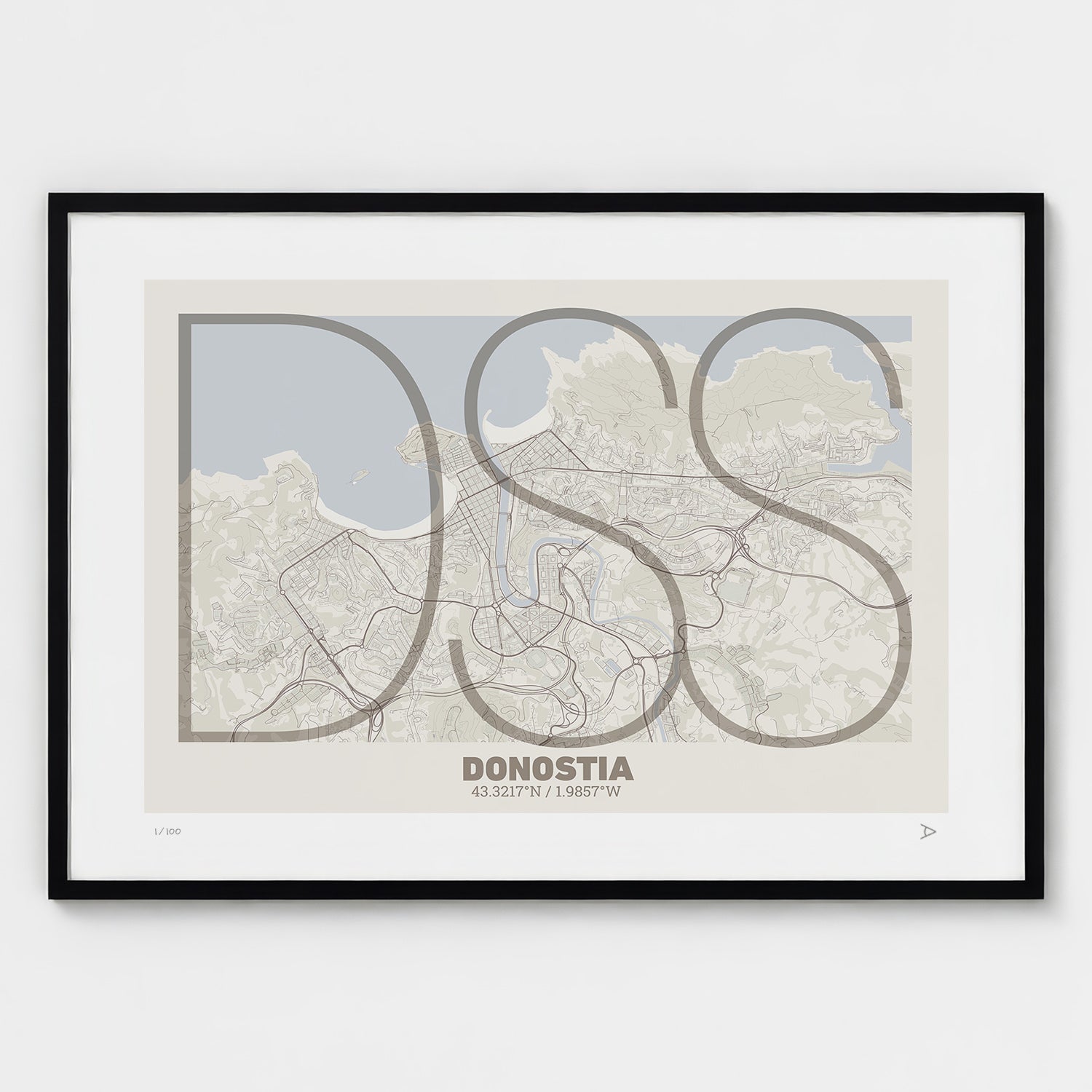 Lámina tipográfica de Donostia – diseño Ultrafina, marco negro