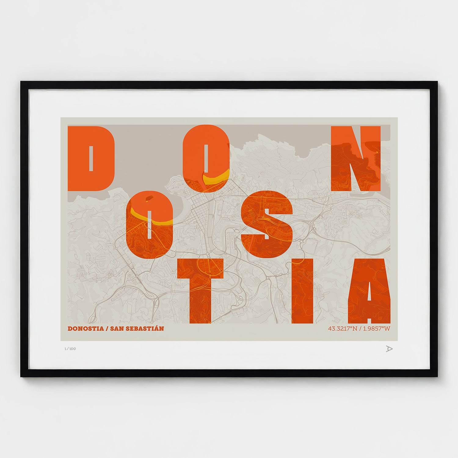 Lámina tipográfica de Donostia – diseño Revoltosa, marco negro