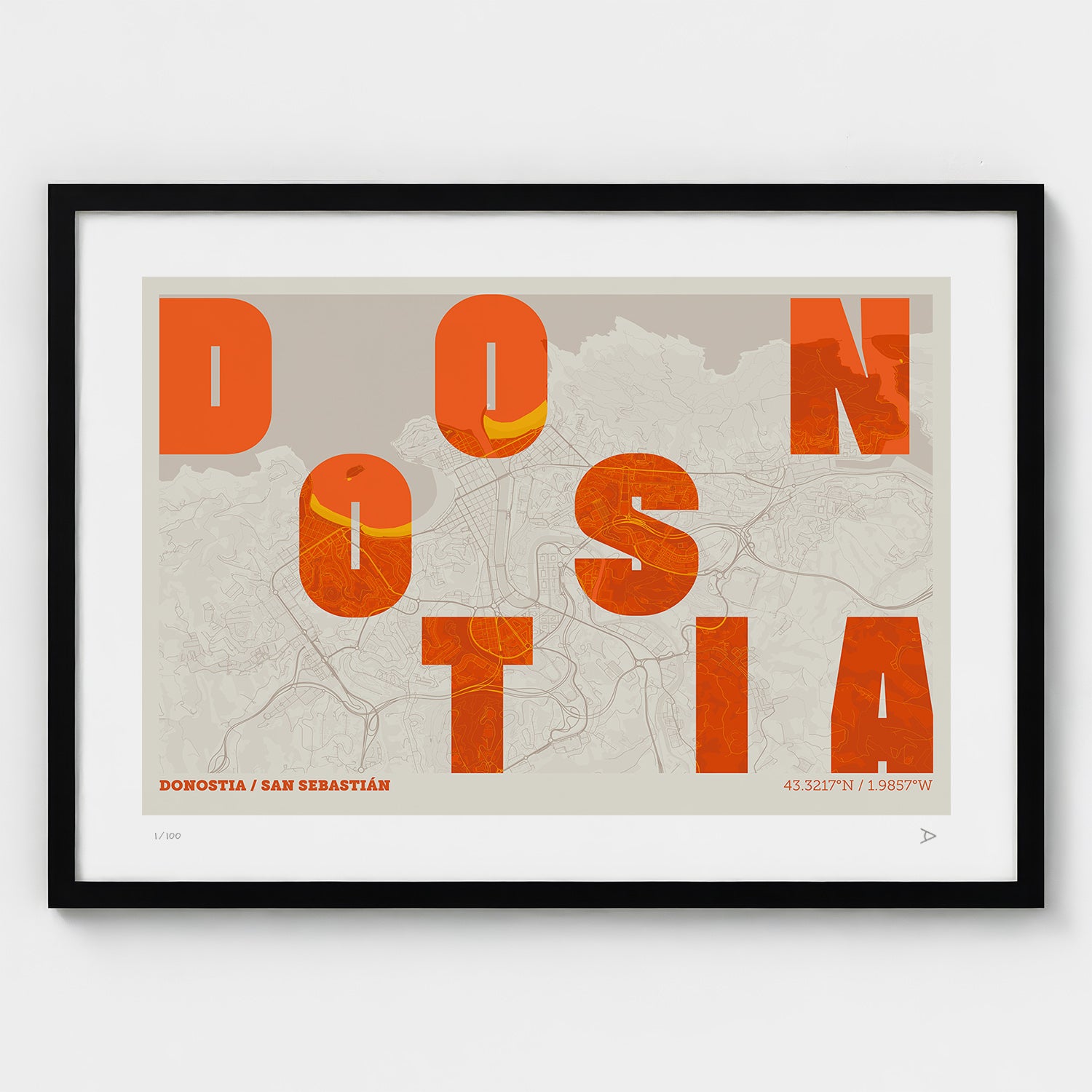 Lámina tipográfica de Donostia – diseño Revoltosa, marco negro