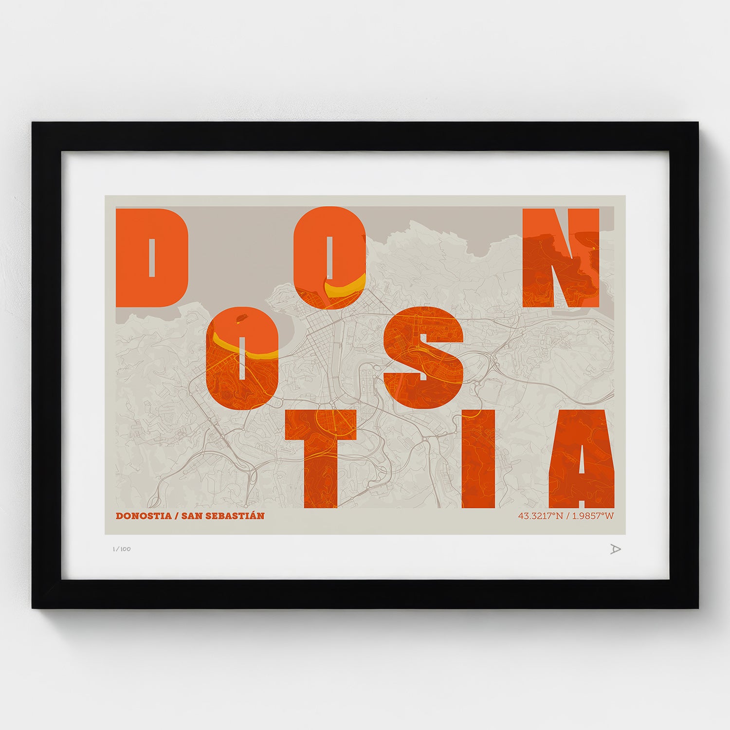 Lámina tipográfica de Donostia – diseño Revoltosa, marco negro