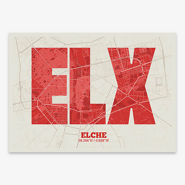 Decorative print of  composed with letters in a heavy geometric font printed on red and an off-white background