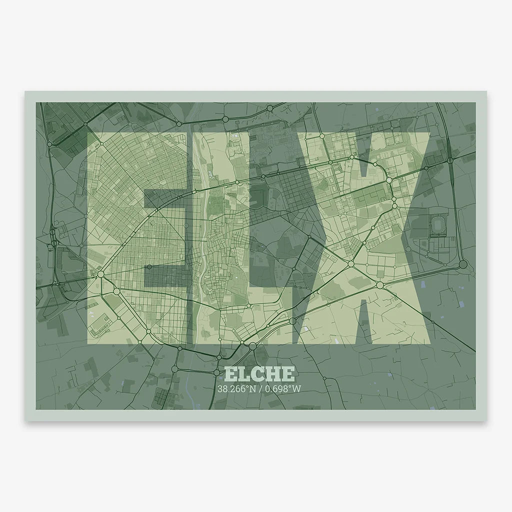 Decorative print of  composed with letters in a heavy geometric font printed on two green tones