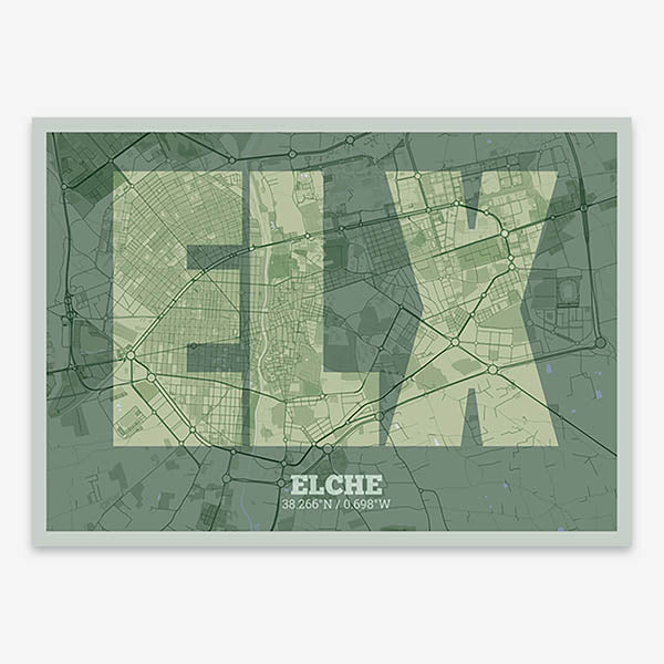 Decorative print of  composed with letters in a heavy geometric font printed on two green tones
