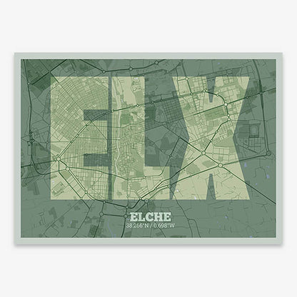 Decorative print of  composed with letters in a heavy geometric font printed on two green tones
