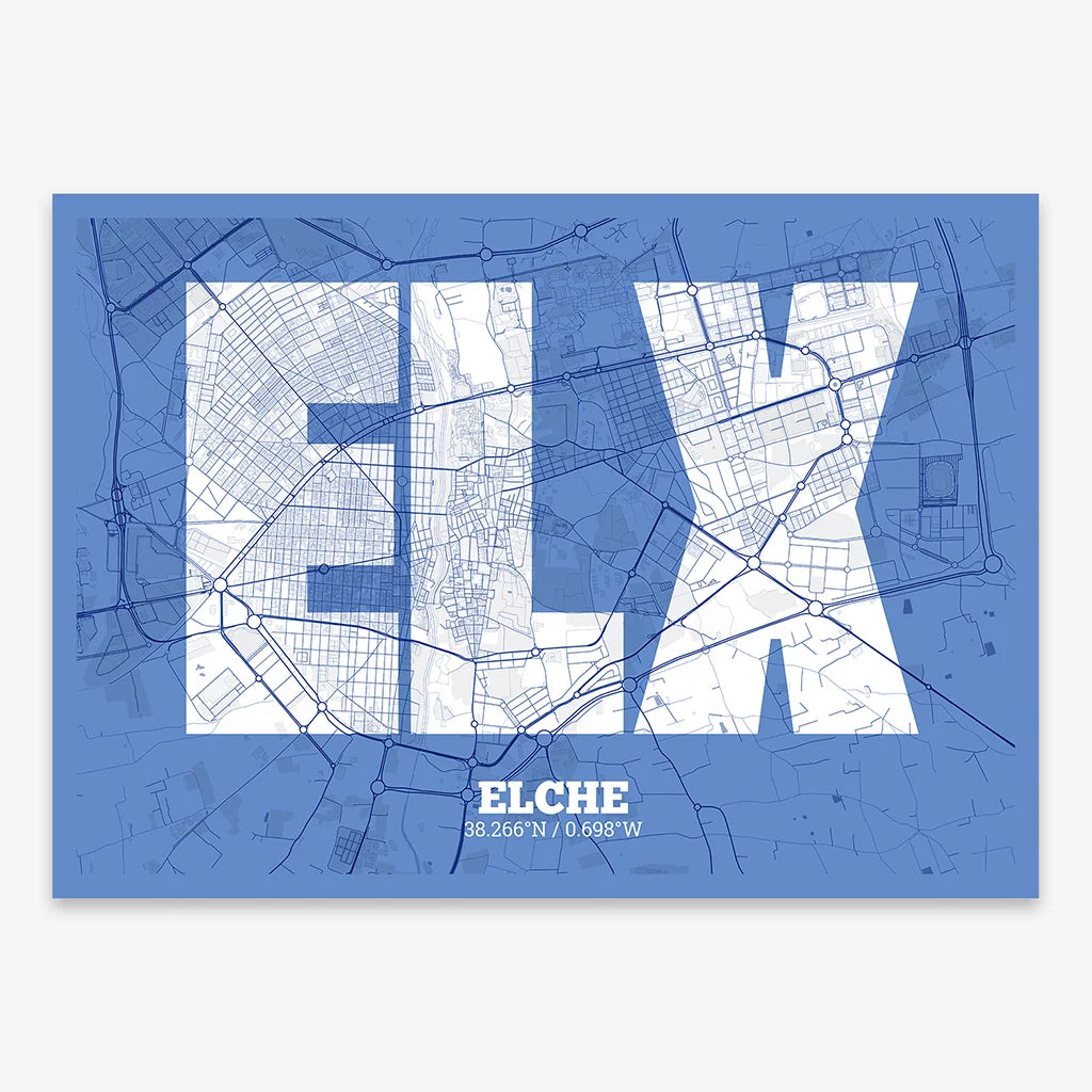 Decorative print of  composed with letters in a heavy geometric font printed on navy blue and white