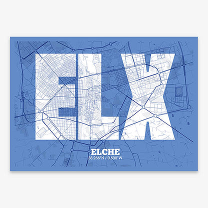 Decorative print of  composed with letters in a heavy geometric font printed on navy blue and white