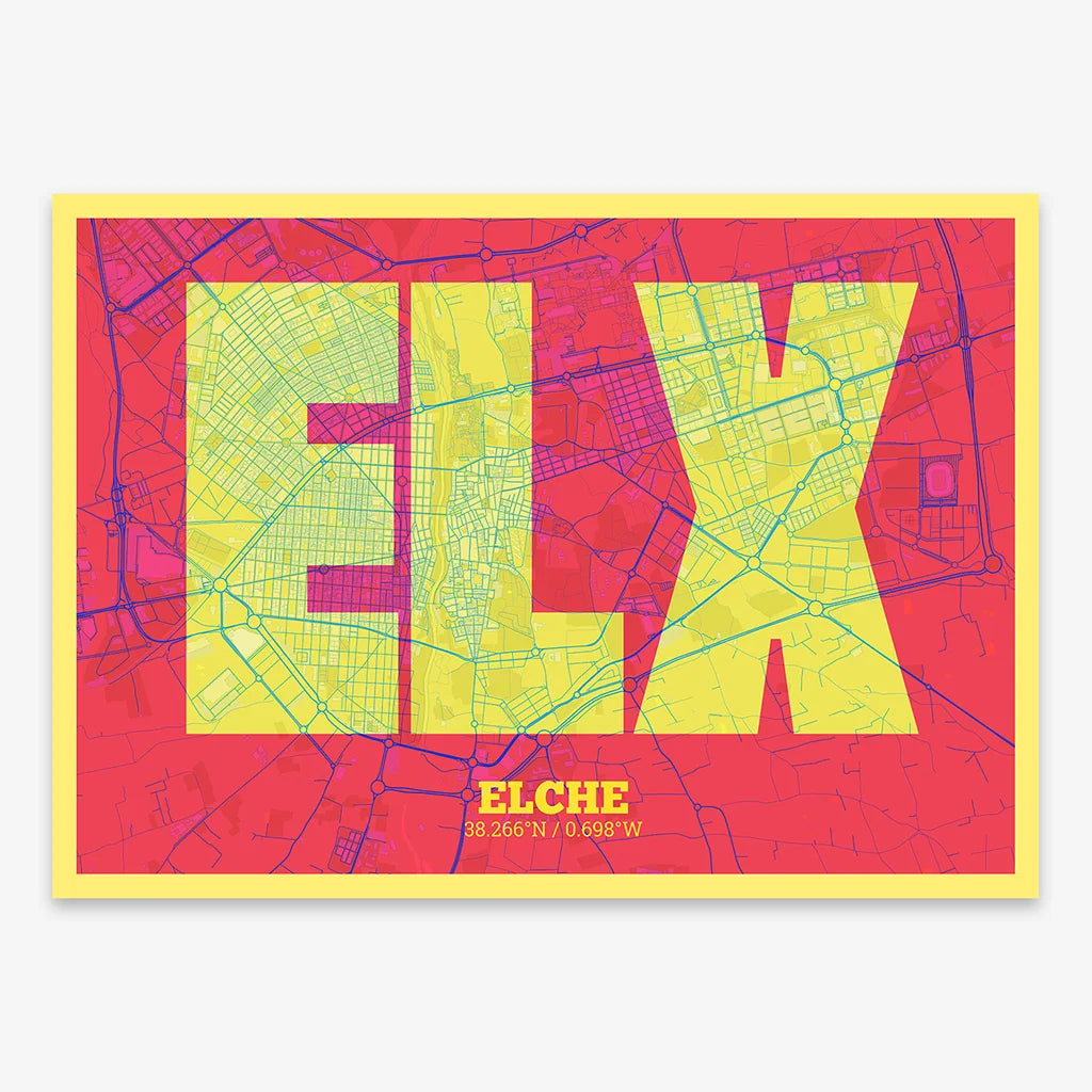 Decorative print of  composed with letters in a heavy geometric font printed on yellow and fuchsia