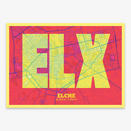 Decorative print of  composed with letters in a heavy geometric font printed on yellow and fuchsia