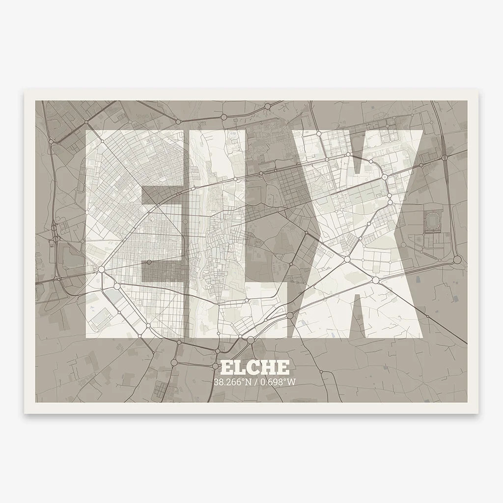 Decorative print of  composed with letters in a heavy geometric font printed on light brown and an off-white background