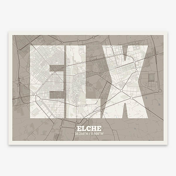 Decorative print of  composed with letters in a heavy geometric font printed on light brown and an off-white background