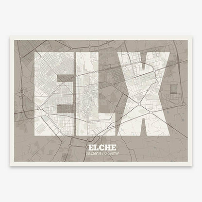 Decorative print of  composed with letters in a heavy geometric font printed on light brown and an off-white background