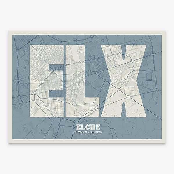 Decorative print of  composed with letters in a heavy geometric font printed on bluish gray and an off-white background