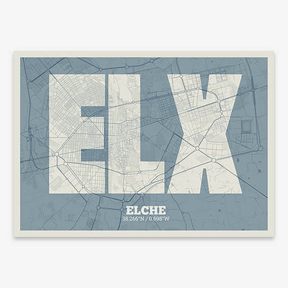 Decorative print of  composed with letters in a heavy geometric font printed on bluish gray and an off-white background