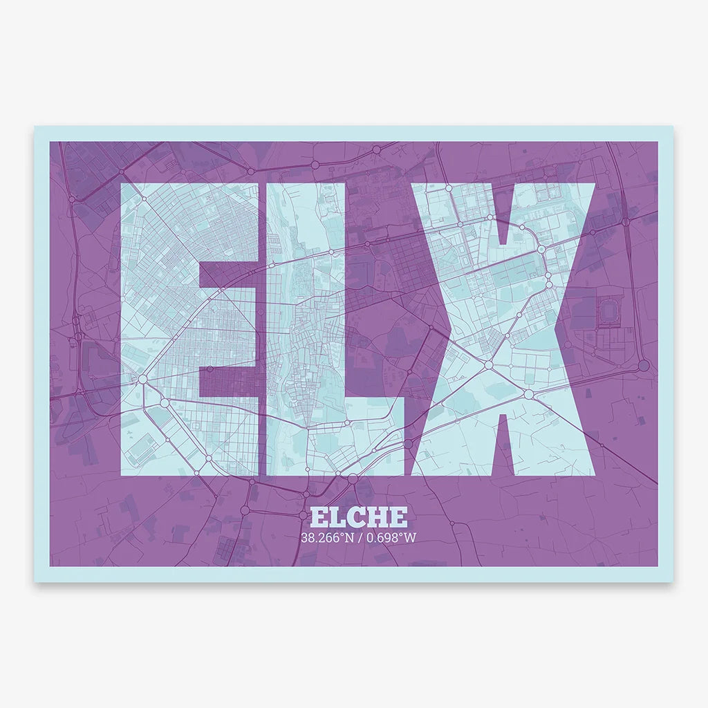 Decorative print of  composed with letters in a heavy geometric font printed on purple and light blue