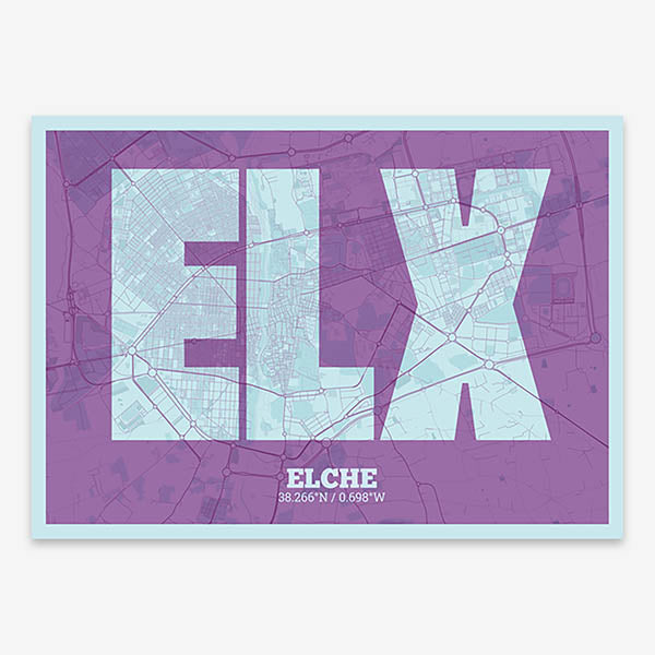 Decorative print of  composed with letters in a heavy geometric font printed on purple and light blue