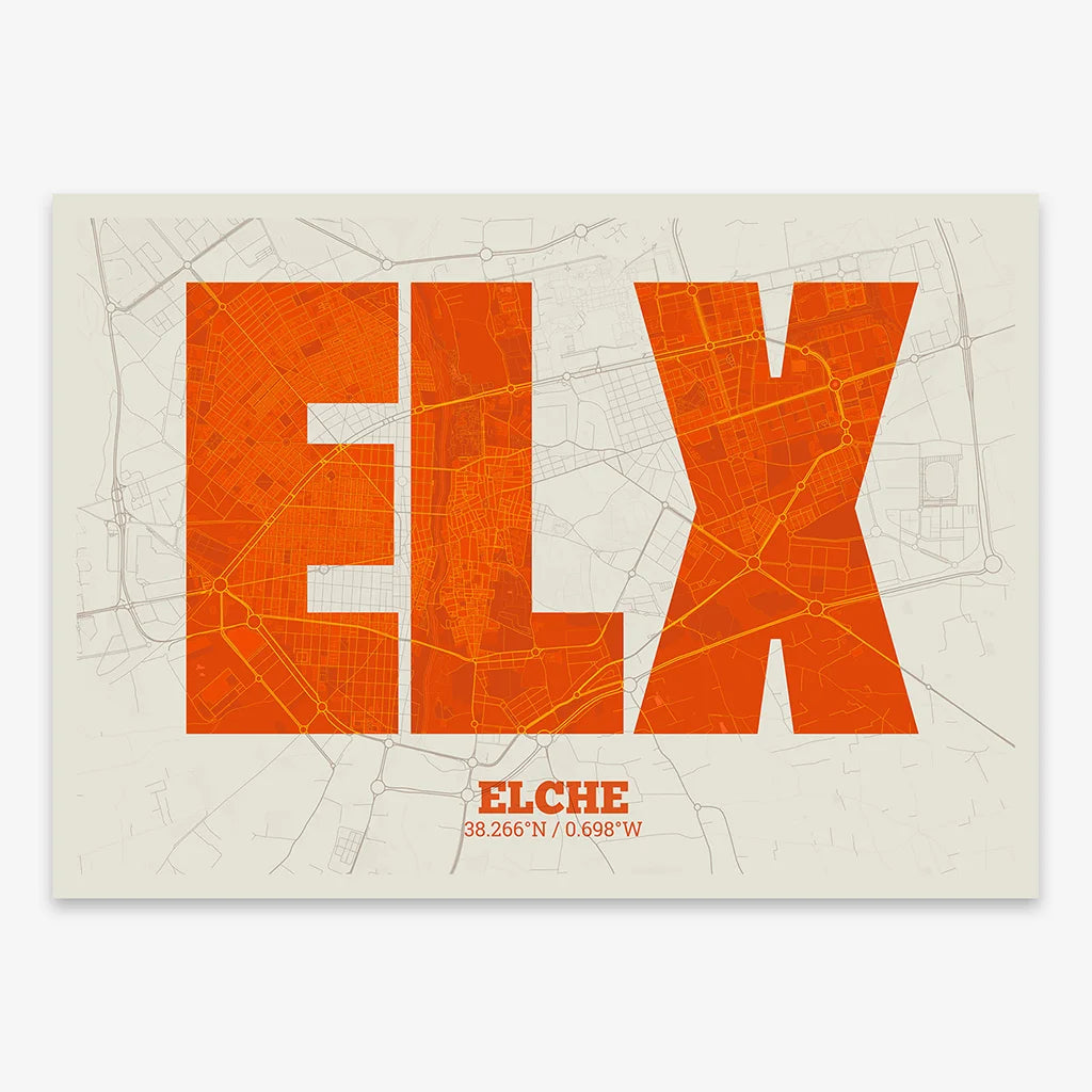 Decorative print of  composed with letters in a heavy geometric font printed on orange and an off-white background