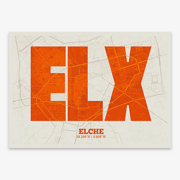 Decorative print of  composed with letters in a heavy geometric font printed on orange and an off-white background