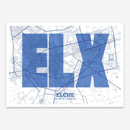 The map of Elche composed with letters in a heavy geometric font printed on navy blue and white