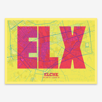 The map of Elche composed with letters in a heavy geometric font printed on yellow and fuchsia