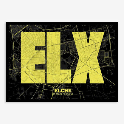 The map of Elche composed with letters in a heavy geometric font printed on black and yellow