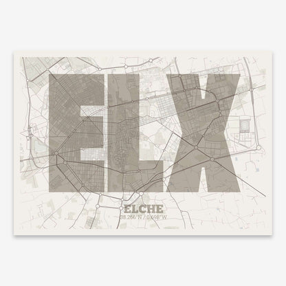 The map of Elche composed with letters in a heavy geometric font printed on light brown and an off-white background