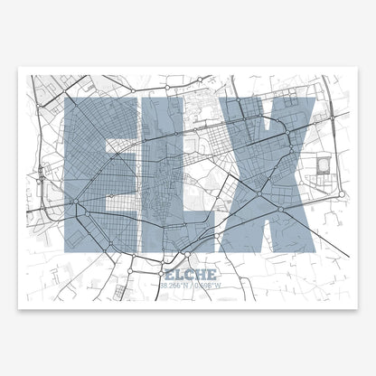The map of Elche composed with letters in a heavy geometric font printed on black and white