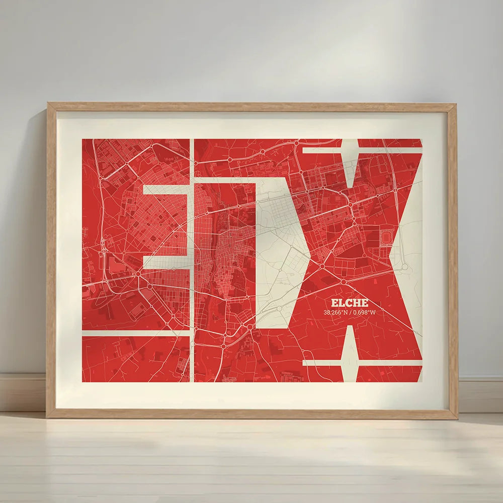 Framed Elche in Inseparable design, featuring the city's abbreviation in expressive typography over a detailed urban map designed in red and an off-white background with a white margin border in a warm lit minimalist setting