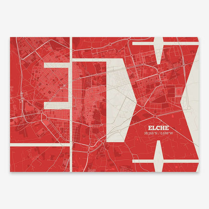 The map of Elche composed with letters from its name or IATA code printed on red and an off-white background