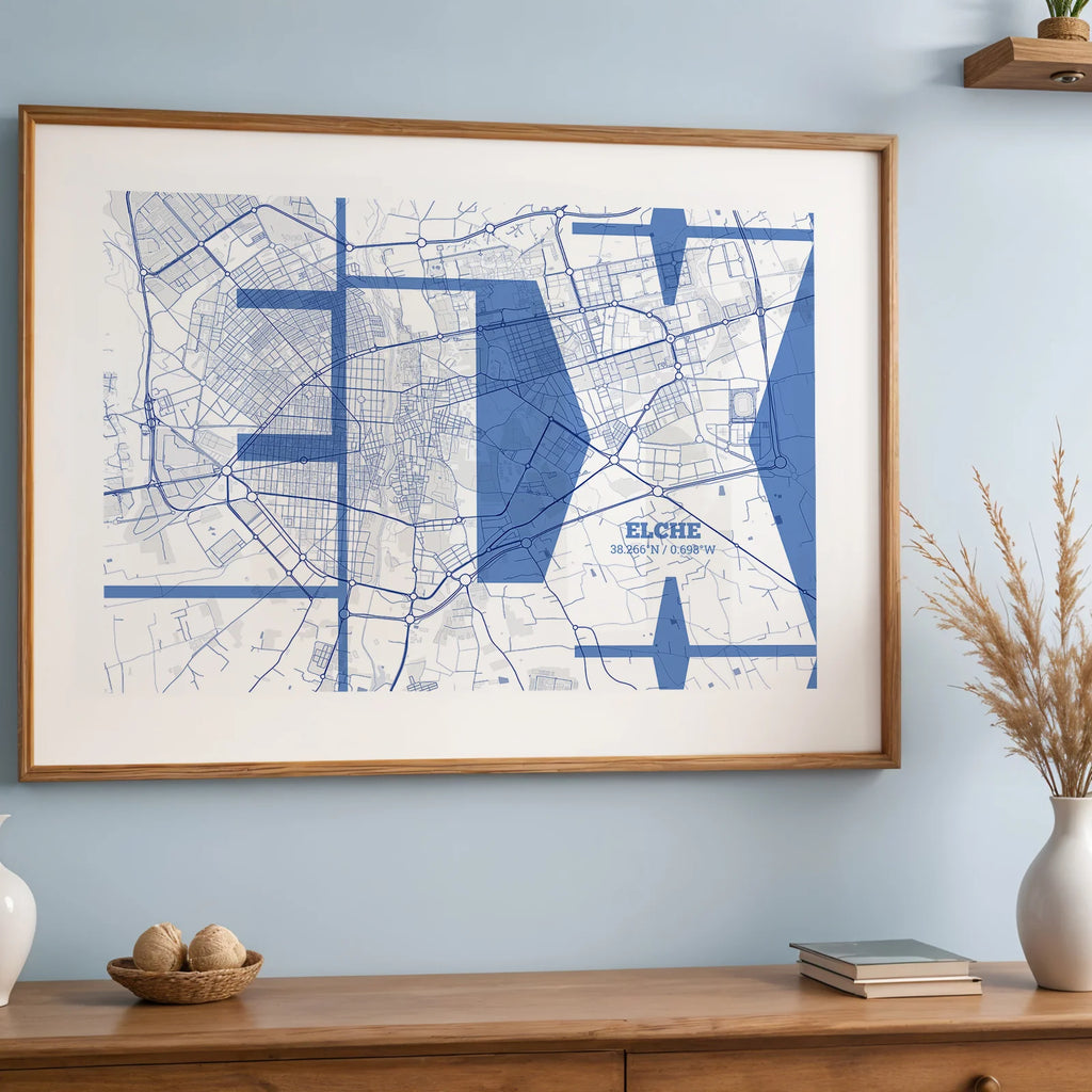 Modern interior design with a Elche in Inseparable design, featuring the city's abbreviation in expressive typography over a detailed urban map designed in navy blue and white, displayed on a living room wall