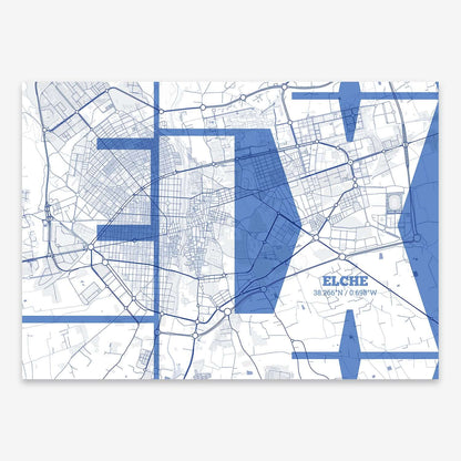 The map of Elche composed with letters from its name or IATA code printed on navy blue and white
