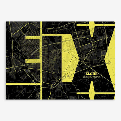 The map of Elche composed with letters from its name or IATA code printed on black and yellow