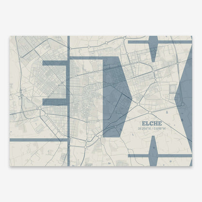 The map of Elche composed with letters from its name or IATA code printed on bluish gray and an off-white background