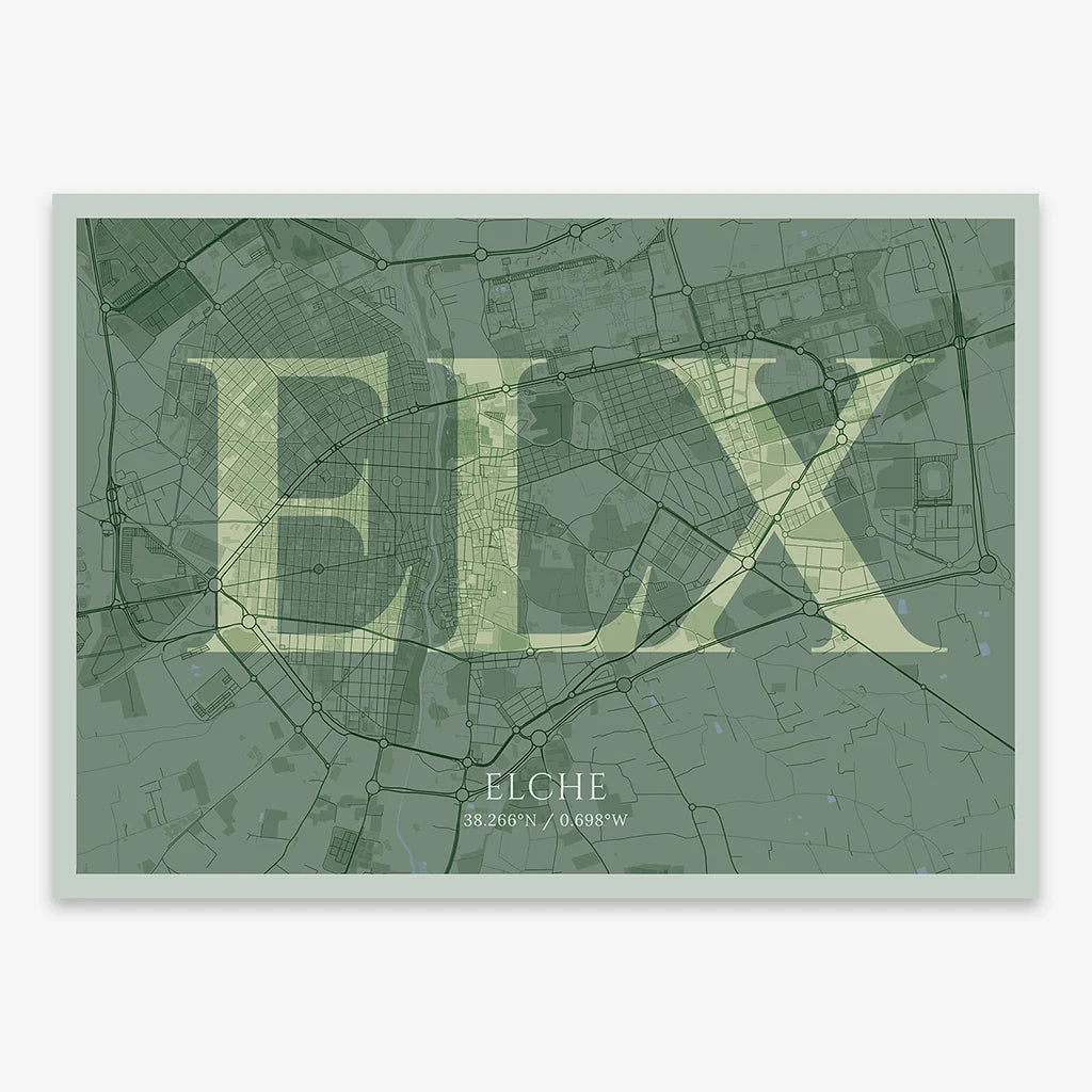 Decorative map of  composed with letters in serif font printed on two green tones