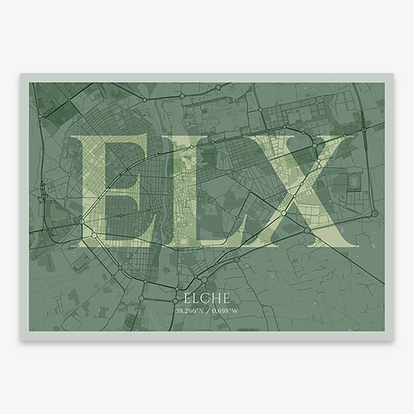 Decorative map of  composed with letters in serif font printed on two green tones