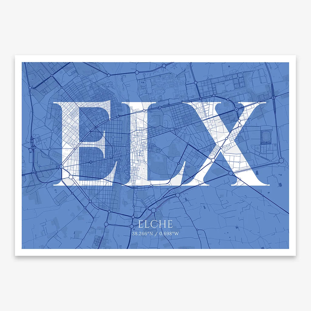 Decorative map of  composed with letters in serif font printed on navy blue and white
