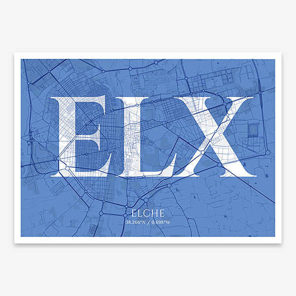 Decorative map of  composed with letters in serif font printed on navy blue and white