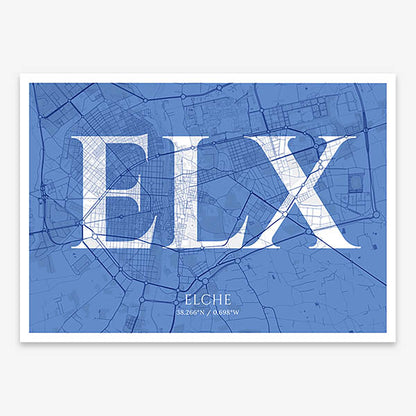 Decorative map of  composed with letters in serif font printed on navy blue and white