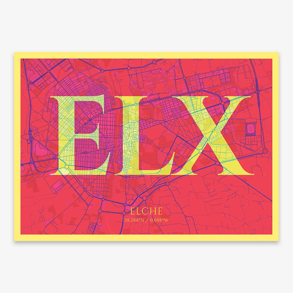 Decorative map of  composed with letters in serif font printed on yellow and fuchsia
