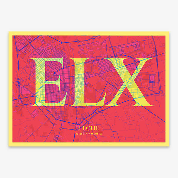 Decorative map of  composed with letters in serif font printed on yellow and fuchsia